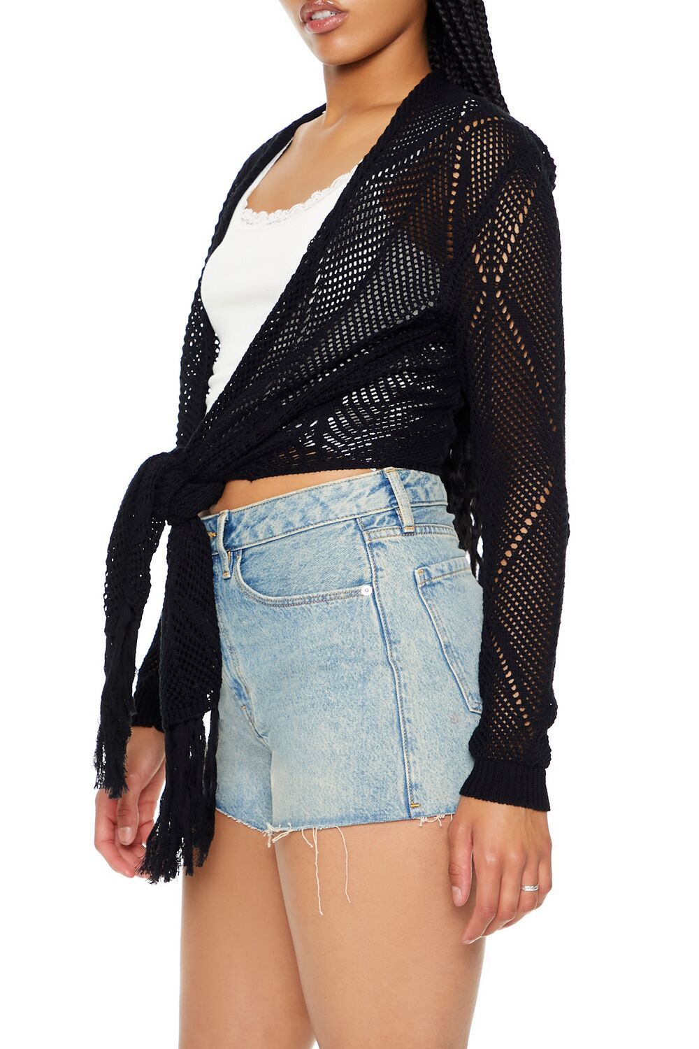  Forever 21 Open-Knit Tie-Front Sweater - black - Bonton