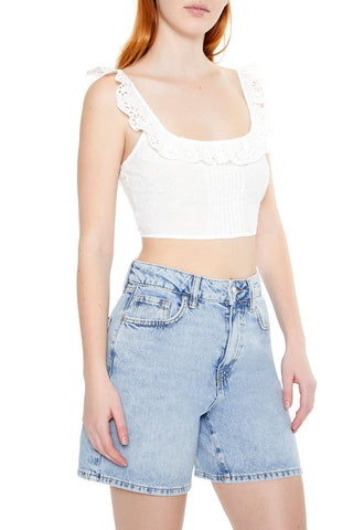 Eyelet Ruffle-Trim Crop Top