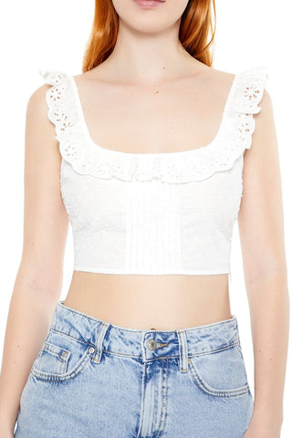 Eyelet Ruffle-Trim Crop Top