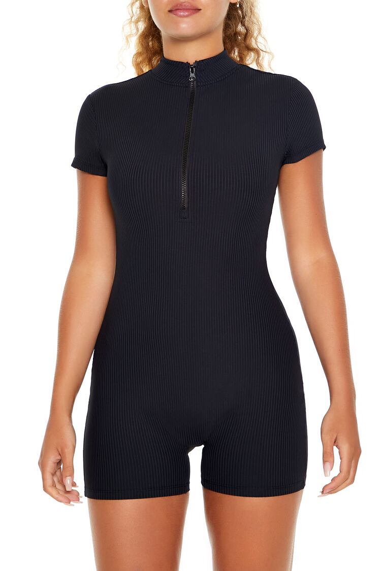  Forever 21 Active Half-Zip Mock Neck Romper - black - Bonton