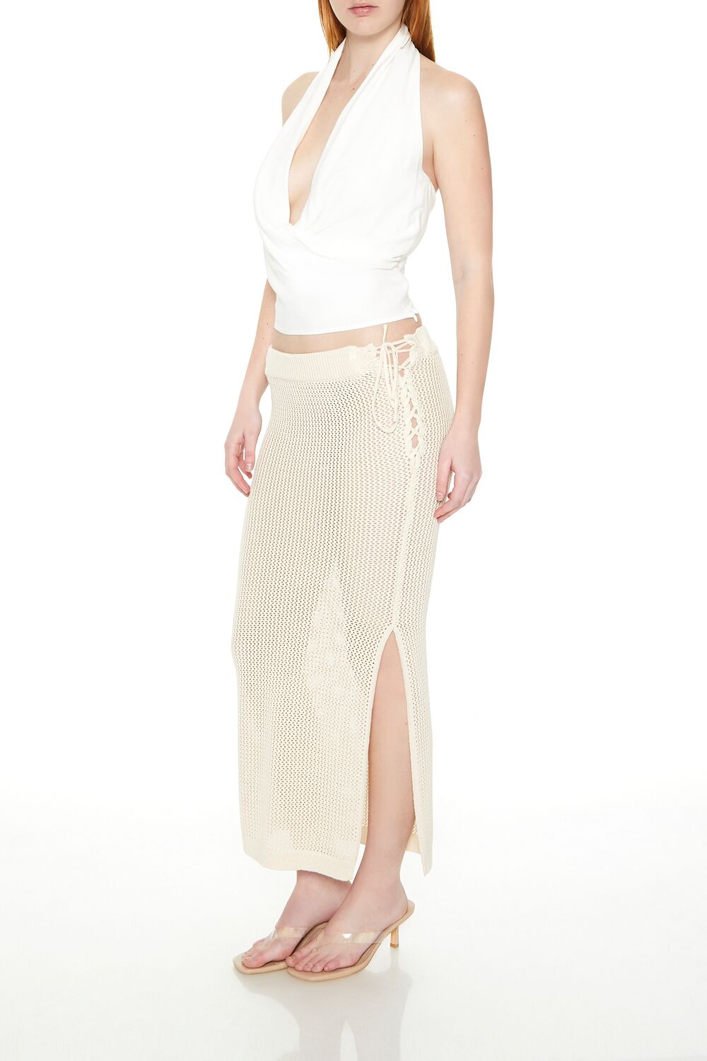  Forever 21 Crochet Lace-Up Maxi Skirt - cream - Bonton
