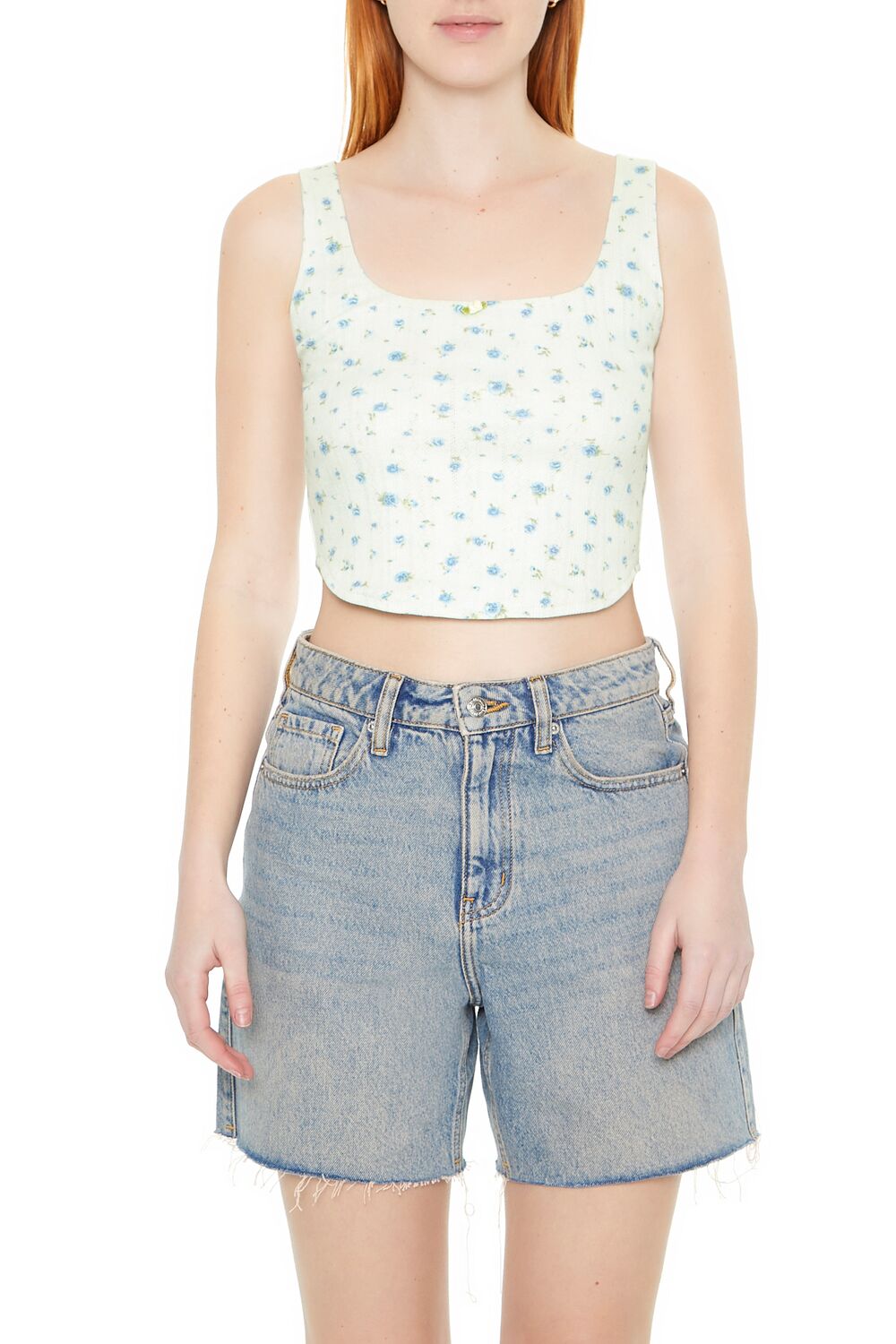  Forever 21 Cropped Floral Print Tank Top - blue multi - Bonton