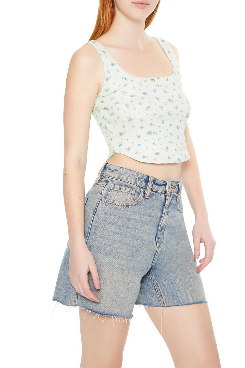  Forever 21 Cropped Floral Print Tank Top - blue multi - Bonton