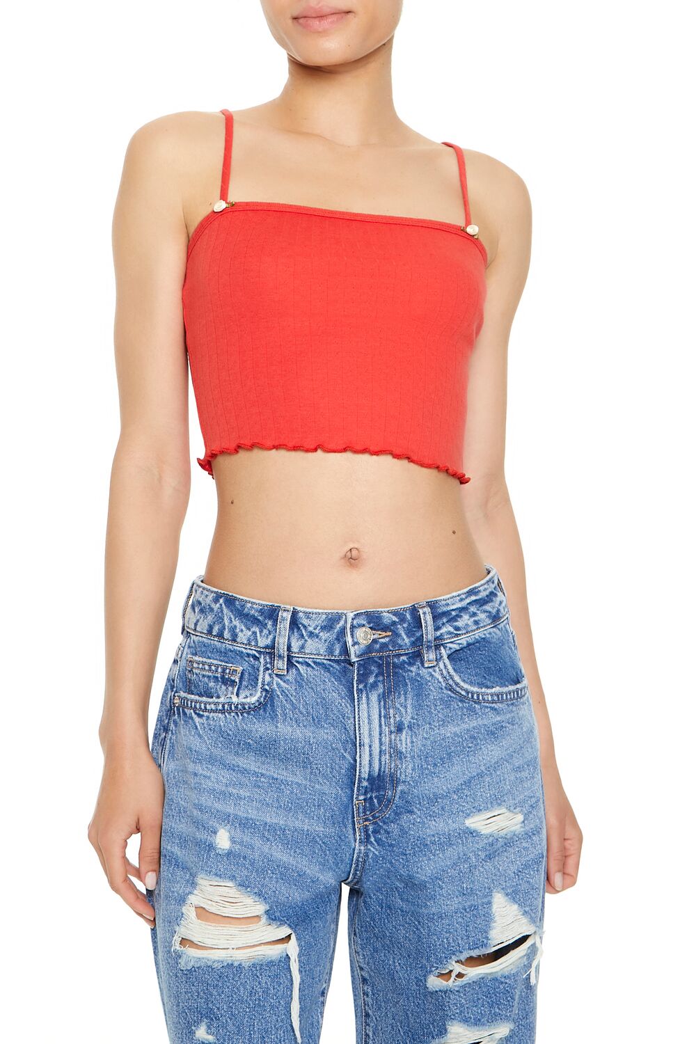  Forever 21 Rosette Lettuce-Edge Cropped Cami - white - Bonton