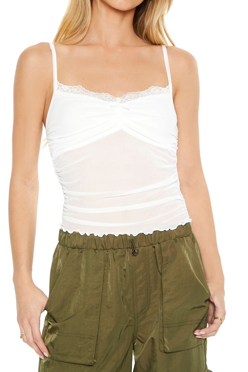  Forever 21 Mesh Lace-Trim Bow Cami - white - Bonton
