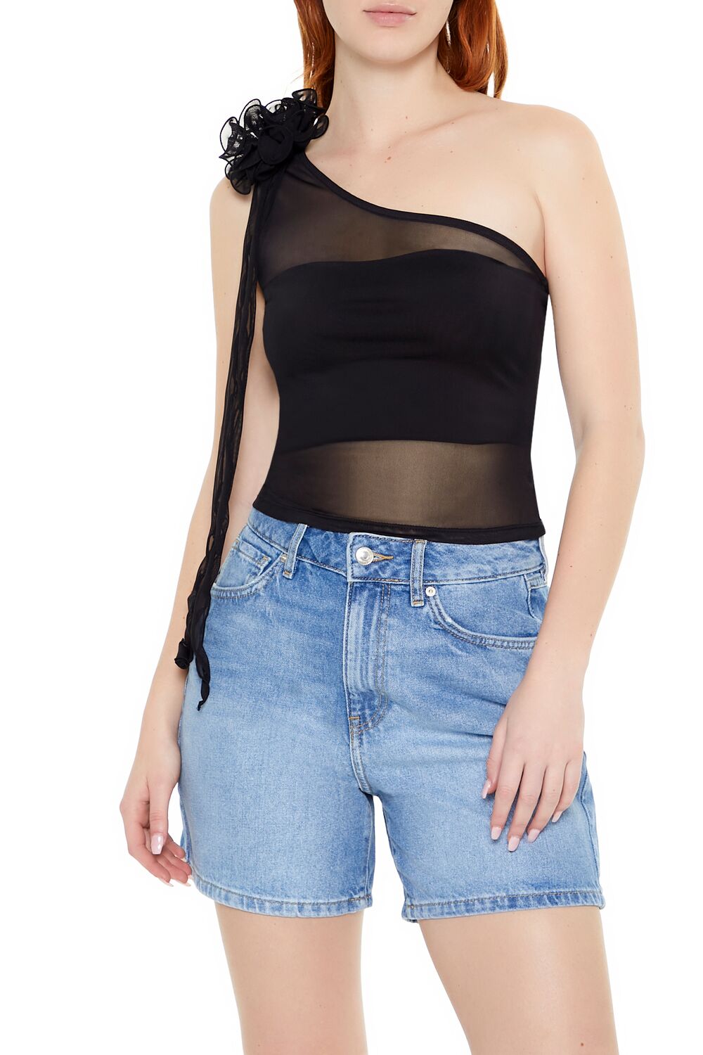  Forever 21 Mesh Rosette One-Shoulder Top - black - Bonton