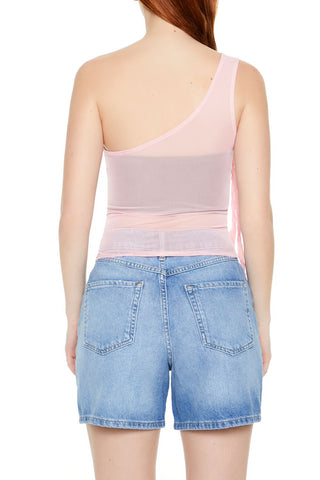 Mesh Rosette One-Shoulder Top