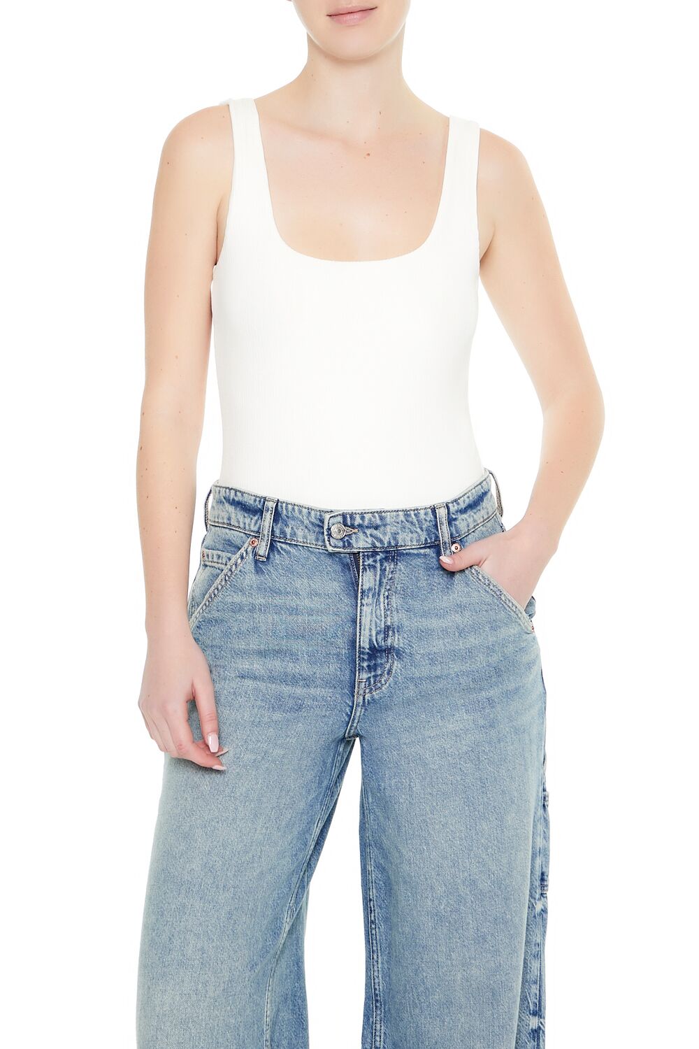  Forever 21 Textured V-Back Tank Bodysuit - white - Bonton