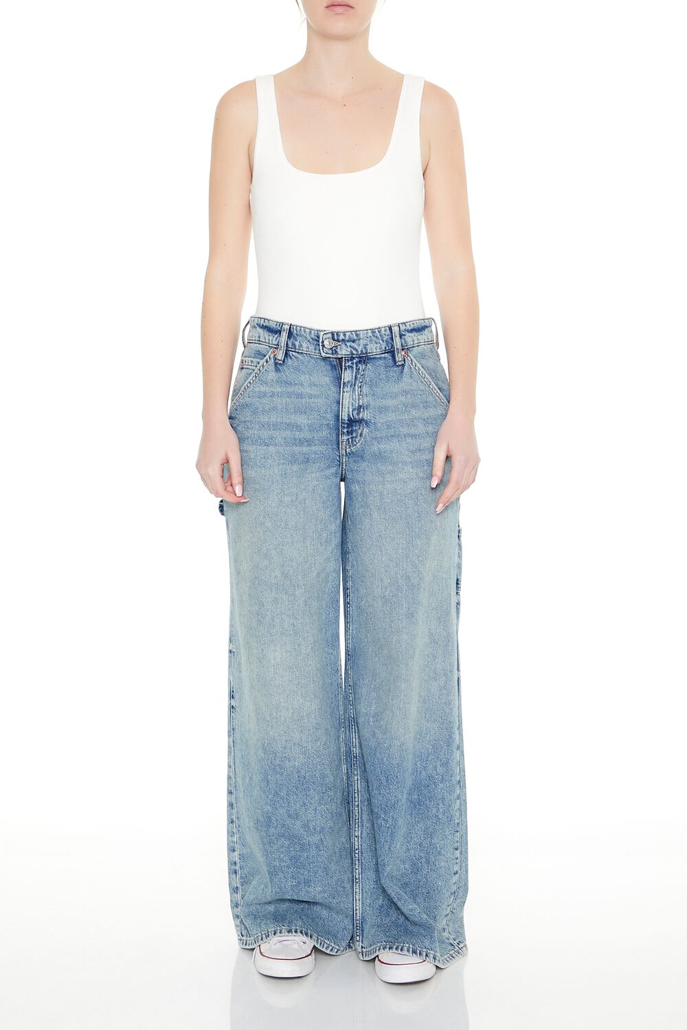  Forever 21 Textured V-Back Tank Bodysuit - white - Bonton