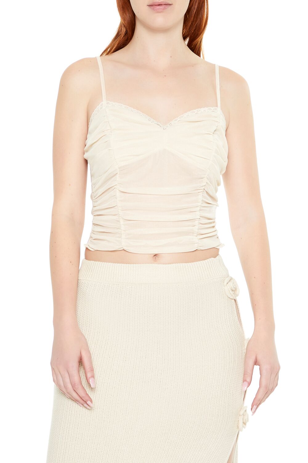  Forever 21 Lace-Trim Ruched Mesh Cami - taupe - Bonton