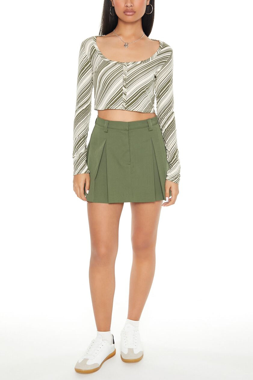  Forever 21 Striped Button-Front Crop Top - green multi - Bonton