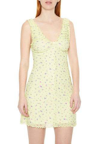 Floral Lettuce-Edge Mini Dress