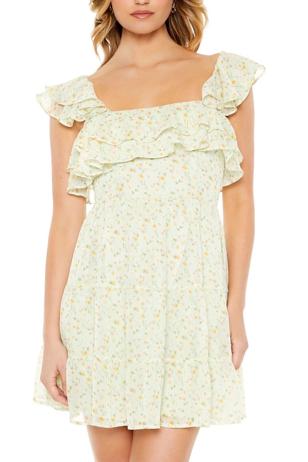  Forever 21 Ditsy Floral Ruffle Mini Dress - sage-multi - Bonton