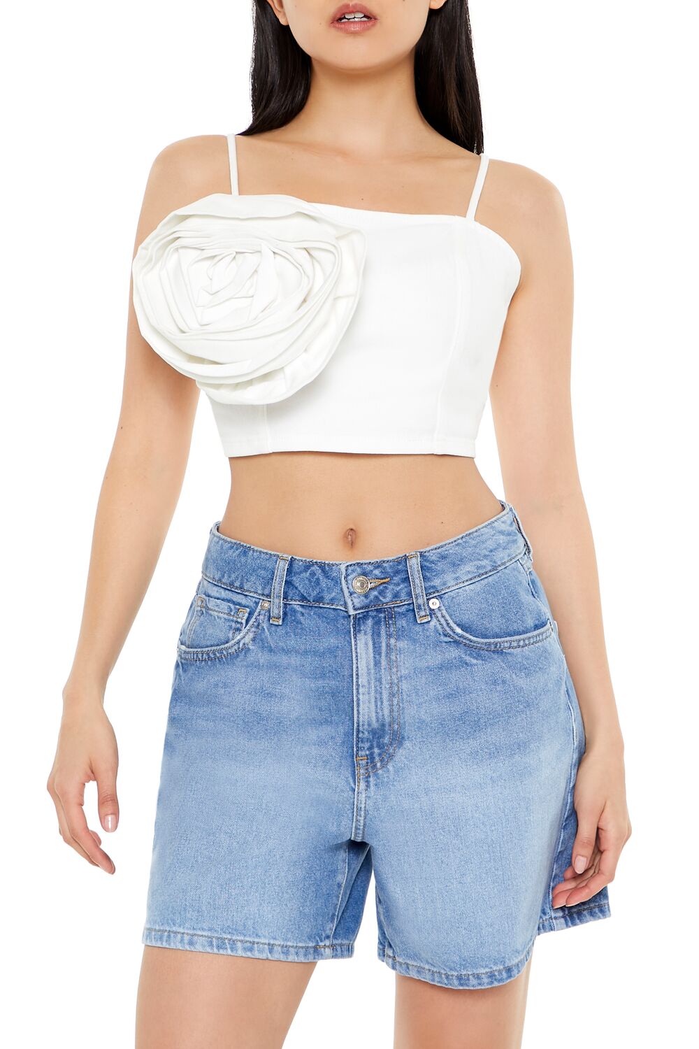  Forever 21 Denim Rose Cropped Cami - white - Bonton