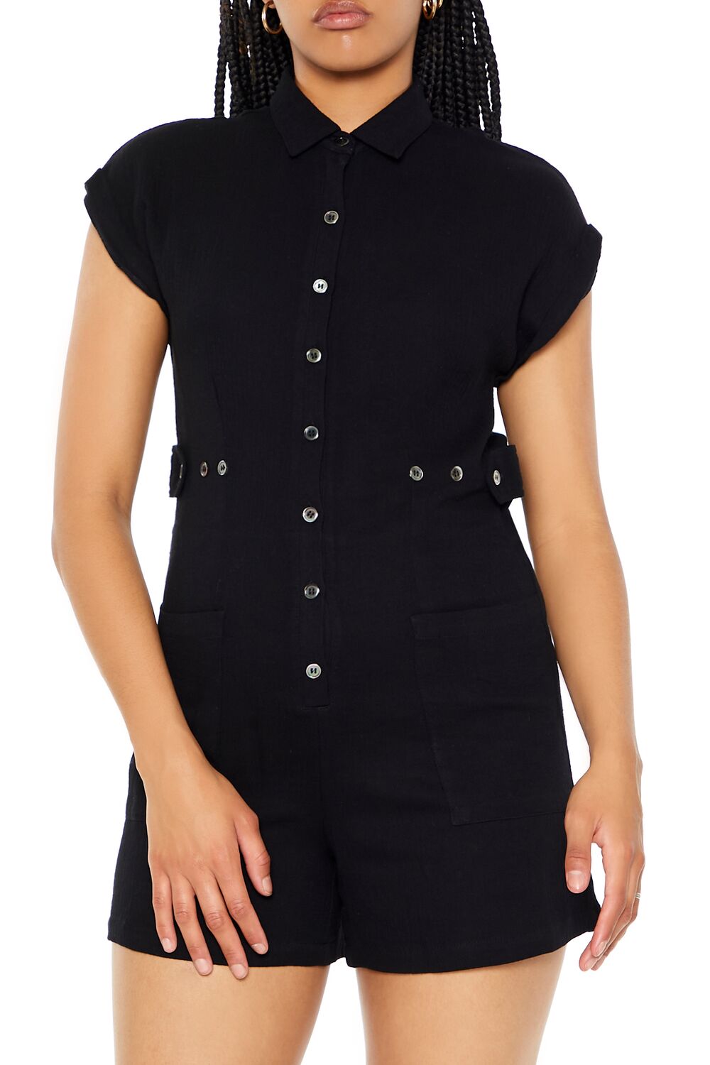  Forever 21 Belted Button-Front Romper - black - Bonton