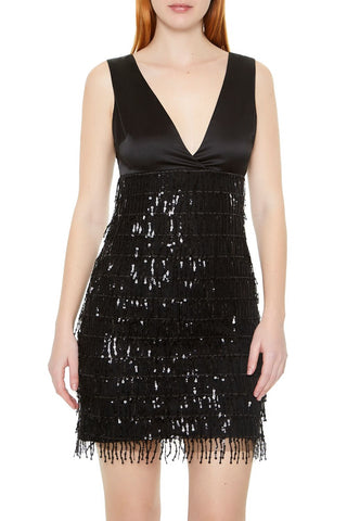 Satin & Sequin Fringe Mini Dress