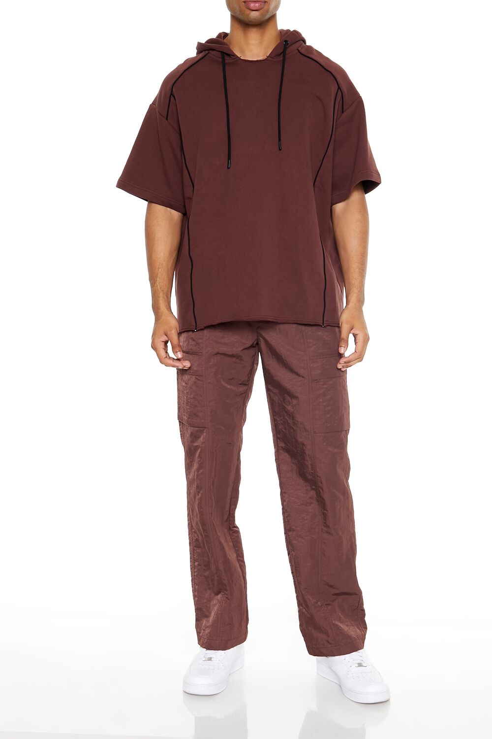  Forever 21 Piped-Trim Short-Sleeve Hoodie - chocolate black - Bonton