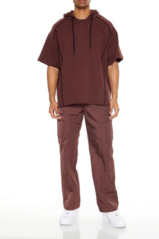 Piped-Trim Short-Sleeve Hoodie