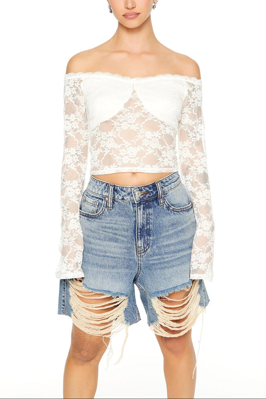  Forever 21 Sheer Lace Off-the-Shoulder Top - cream - Bonton