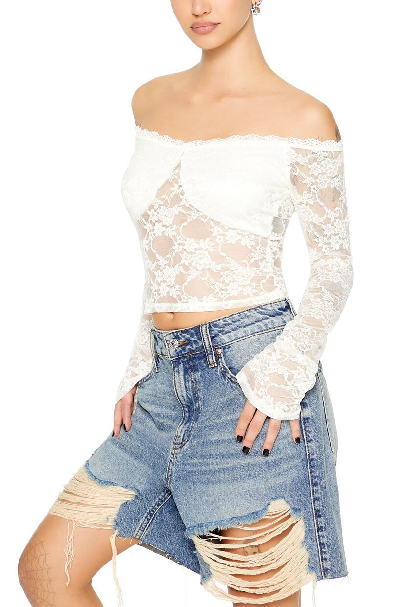  Forever 21 Sheer Lace Off-the-Shoulder Top - cream - Bonton