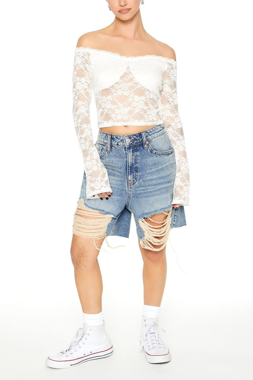  Forever 21 Sheer Lace Off-the-Shoulder Top - cream - Bonton