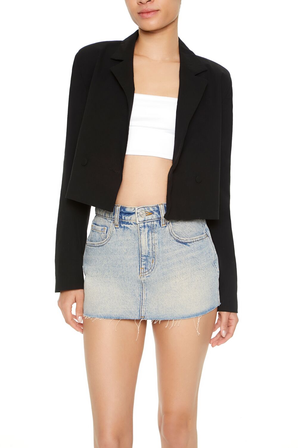  Forever 21 Cropped Double-Breasted Blazer - black-swatch - Bonton