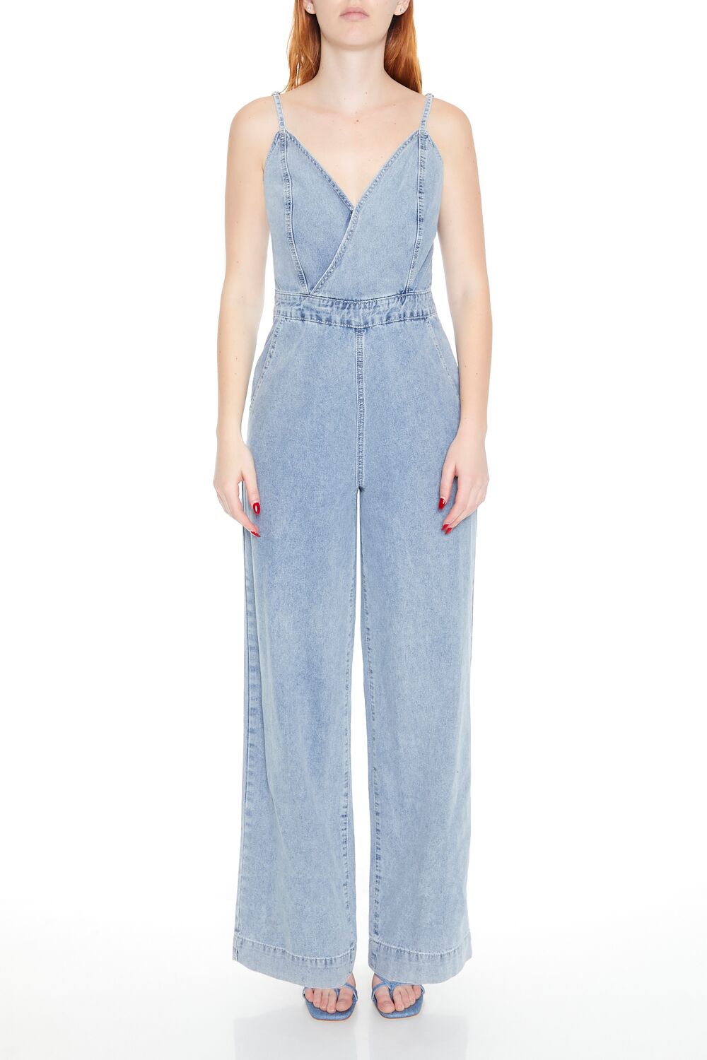  Forever 21 Denim Surplice Wide-Leg Jumpsuit - light-denim - Bonton