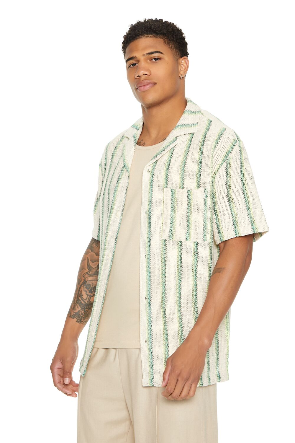  Forever 21 Striped Patch Pocket Shirt - cream multi - Bonton