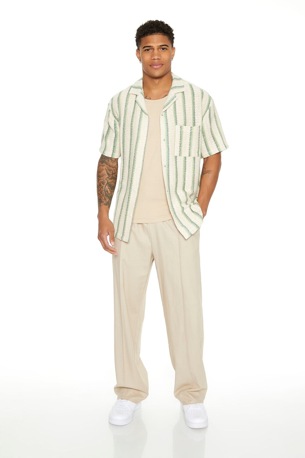  Forever 21 Striped Patch Pocket Shirt - cream multi - Bonton