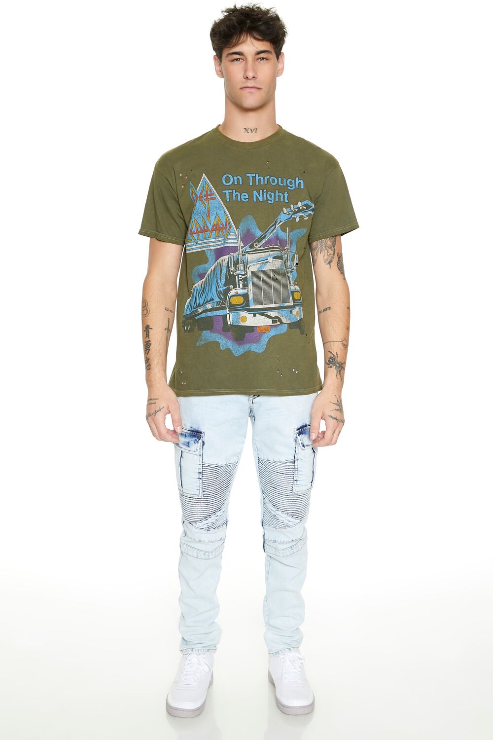 Forever 21 Distressed Def Leppard Graphic Tee - olive multi - Bonton