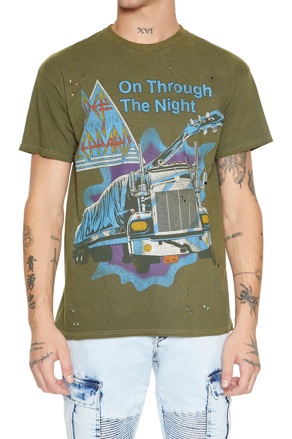  Forever 21 Distressed Def Leppard Graphic Tee - olive multi - Bonton