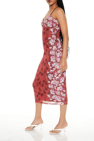 Mesh Floral Print Slip Midi Dress