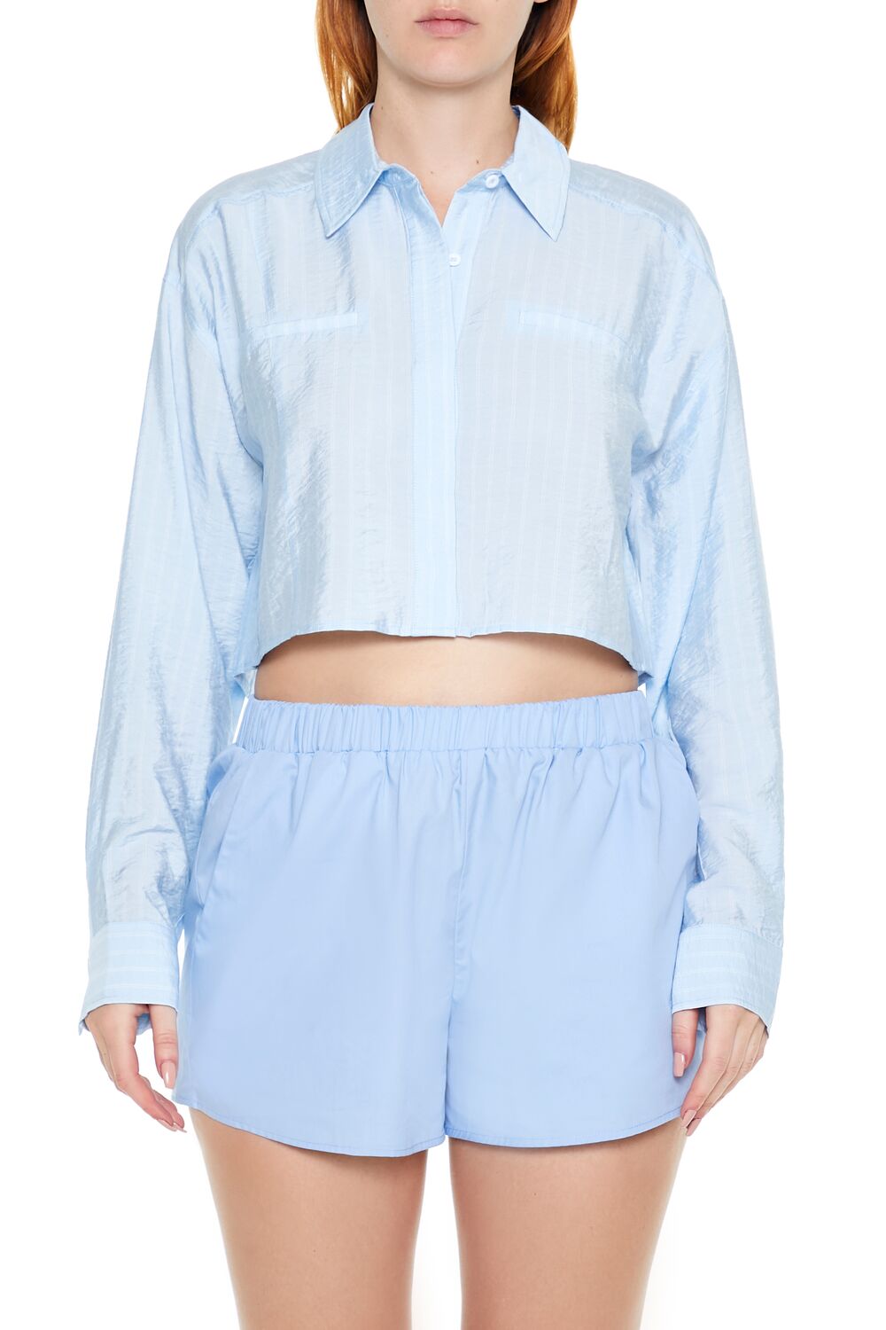  Forever 21 Cropped Pinstripe Shirt - blue multi - Bonton