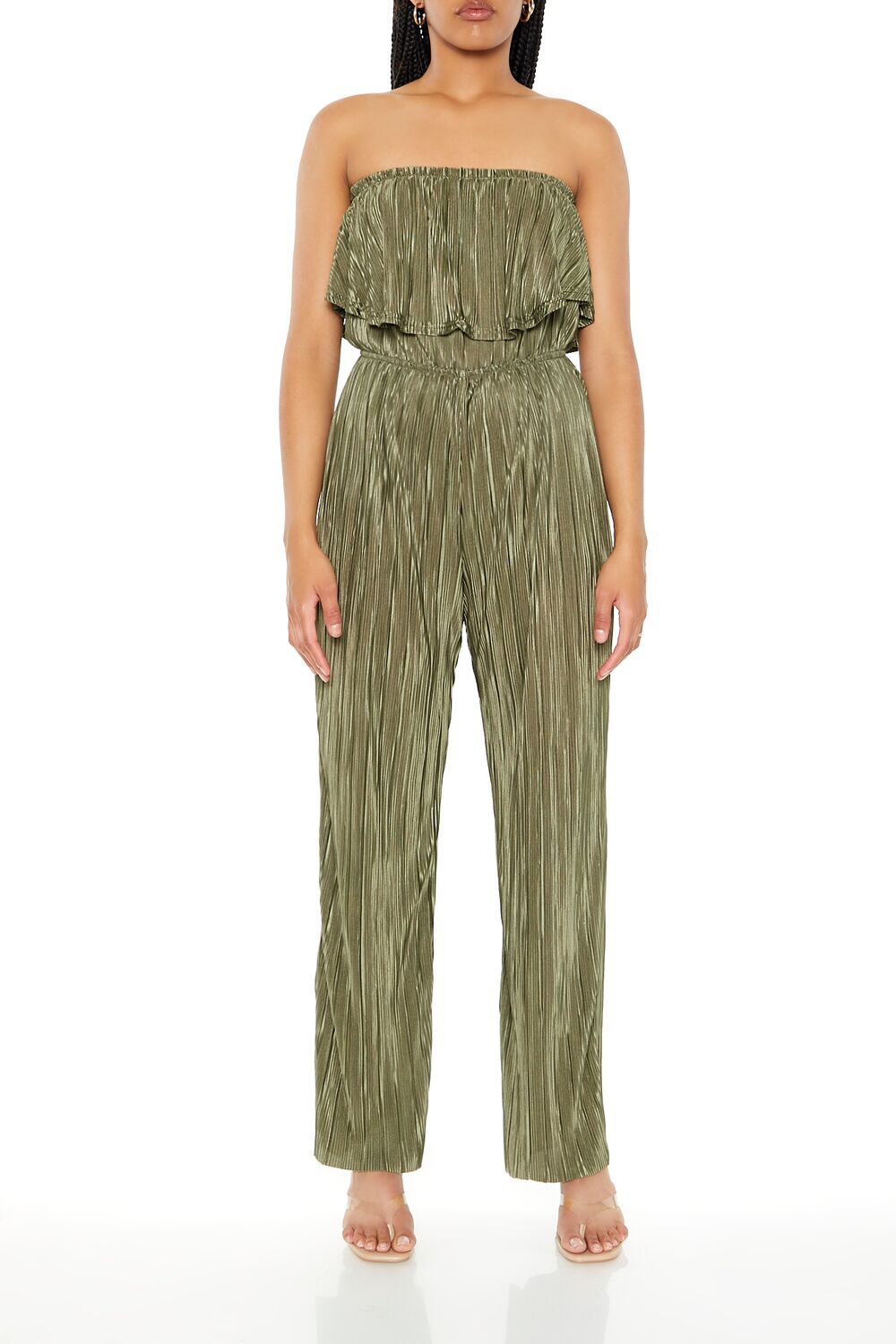  Forever 21 Strapless Plisse Flounce Jumpsuit - olive - Bonton