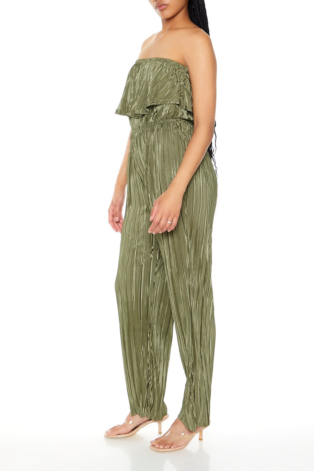  Forever 21 Strapless Plisse Flounce Jumpsuit - olive - Bonton