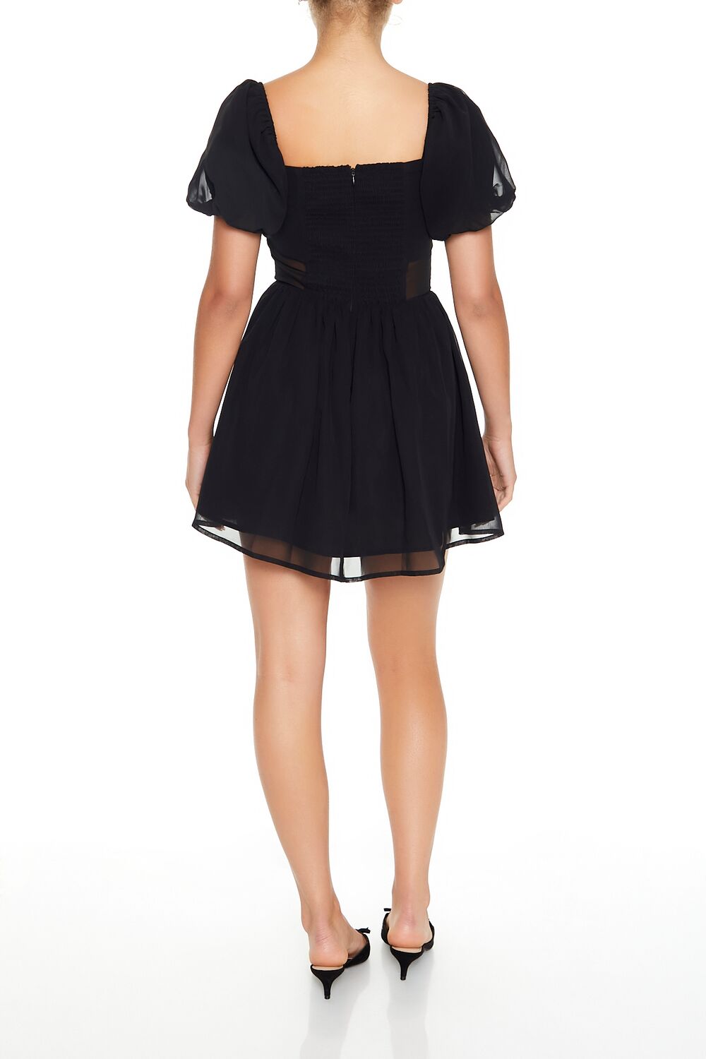  Forever 21 Puff-Sleeve Babydoll Mini Dress - black-swatch - Bonton