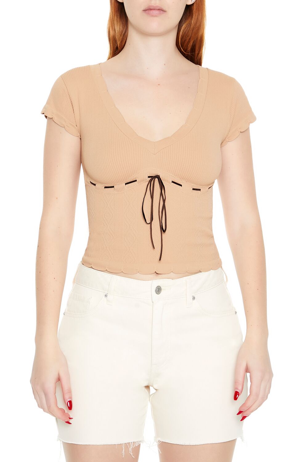  Forever 21 Seamless Ribbon-Trim Cropped Tee - almond - Bonton