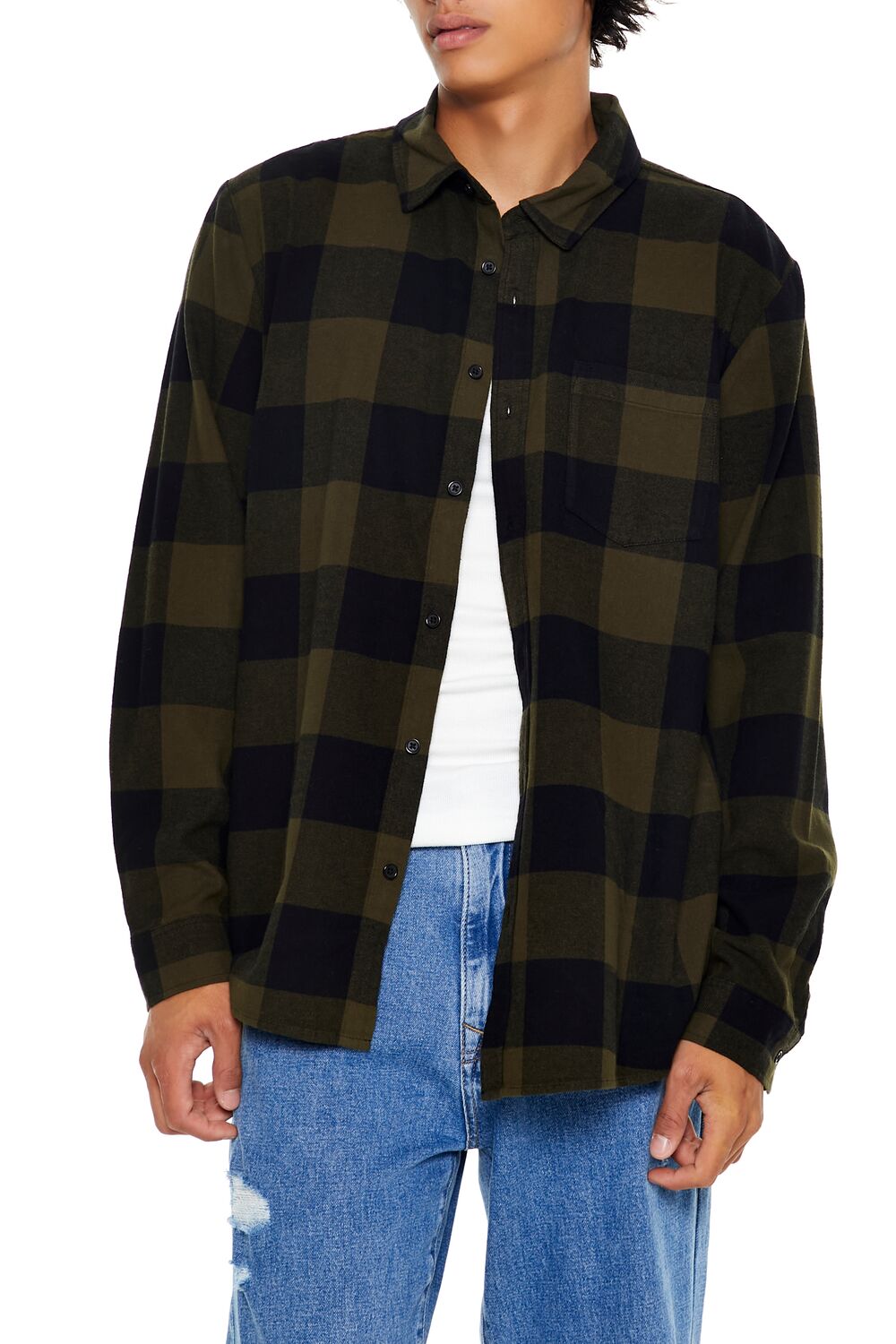  Forever 21 Plaid Flannel Shirt - olive black - Bonton