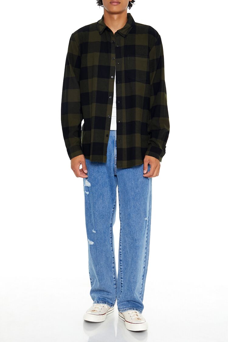  Forever 21 Plaid Flannel Shirt - olive black - Bonton