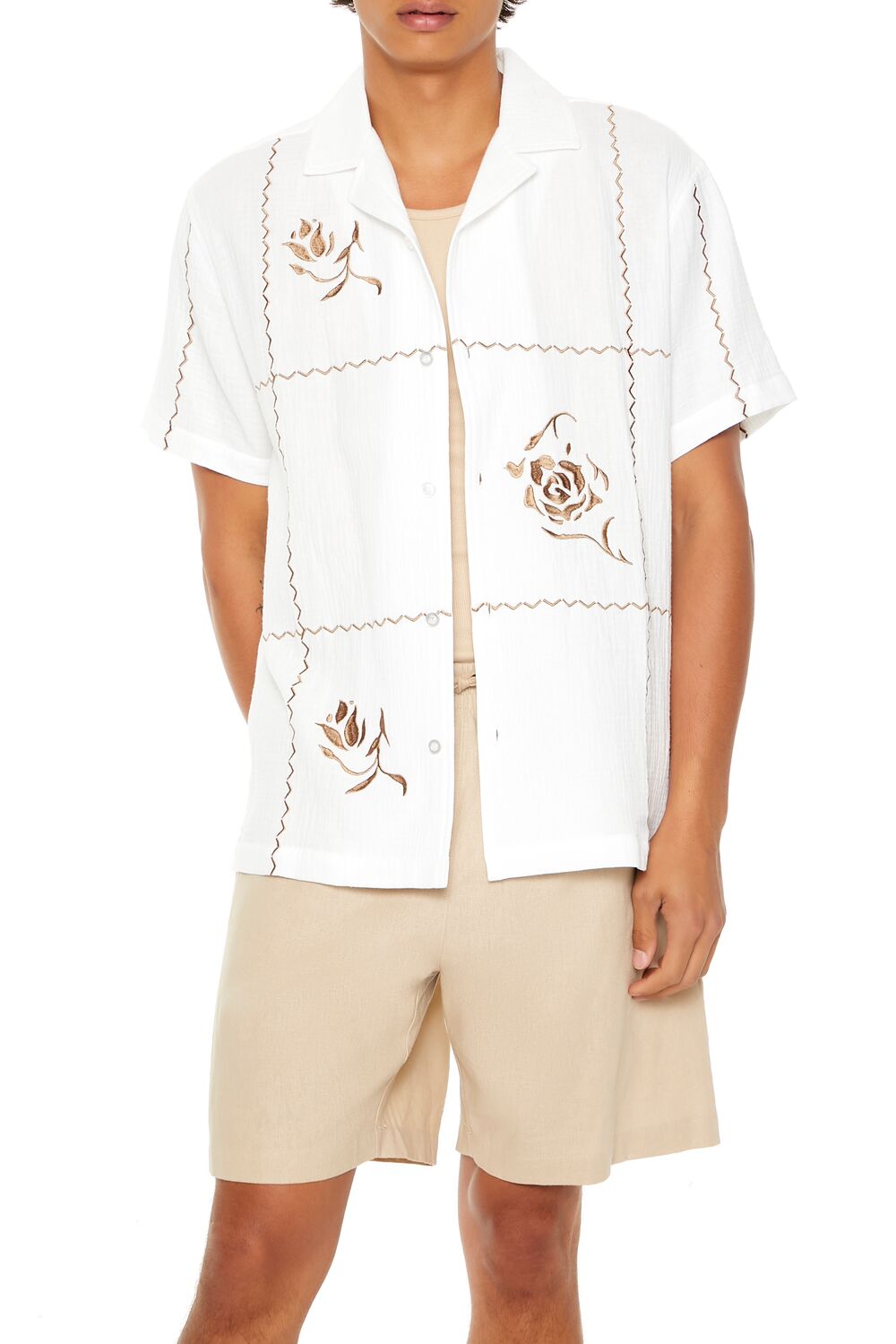  Forever 21 Textured Embroidered Rose Shirt - white coffee - Bonton