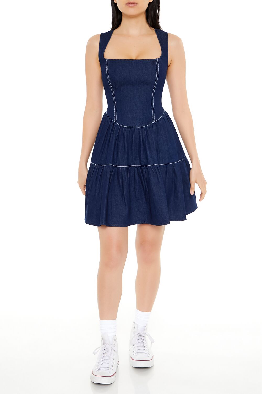  Forever 21 Chambray Fit & Flare Mini Dress - dark-denim - Bonton