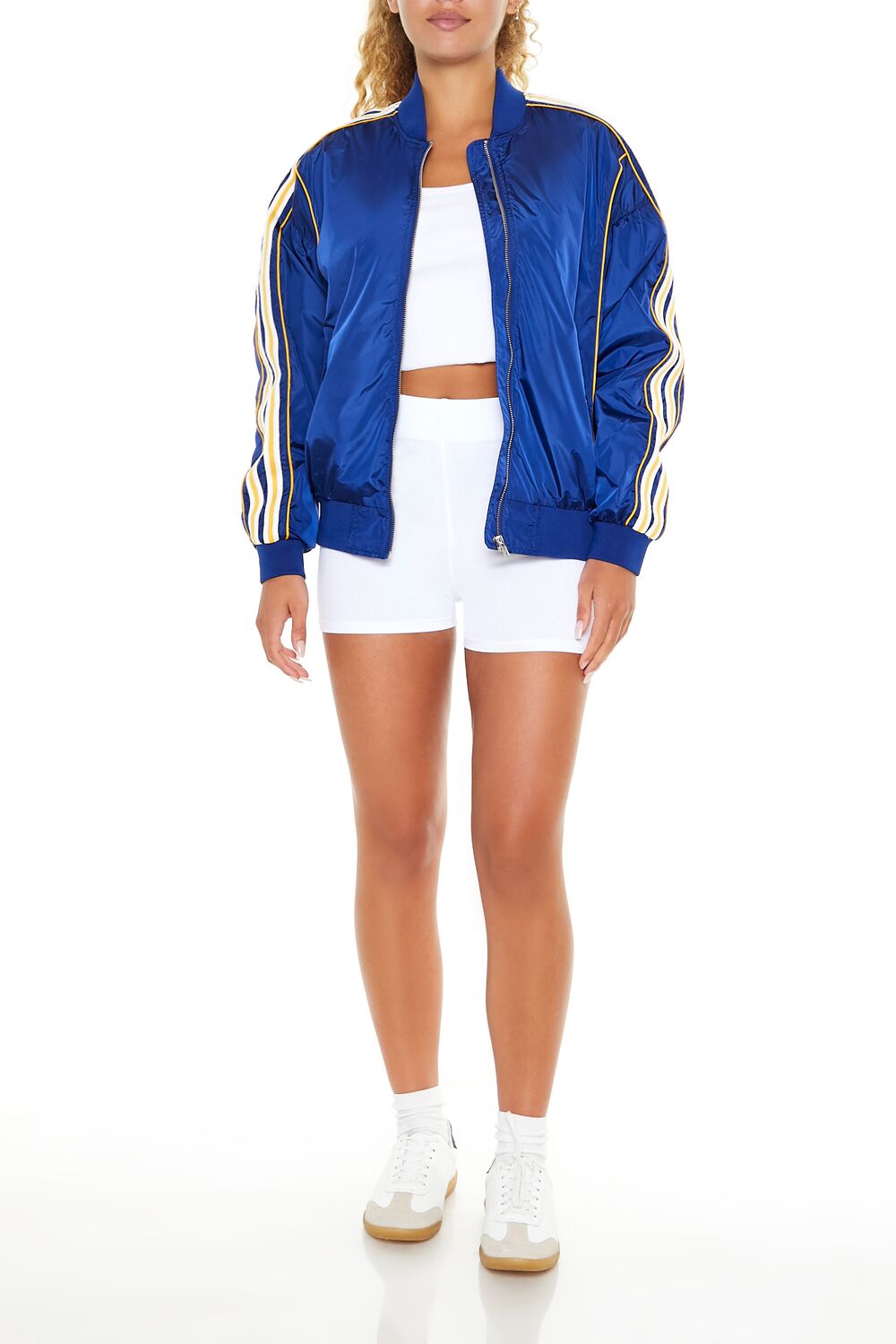  Forever 21 Varsity Zip-Up Bomber Jacket - dark-blue-swatch - Bonton