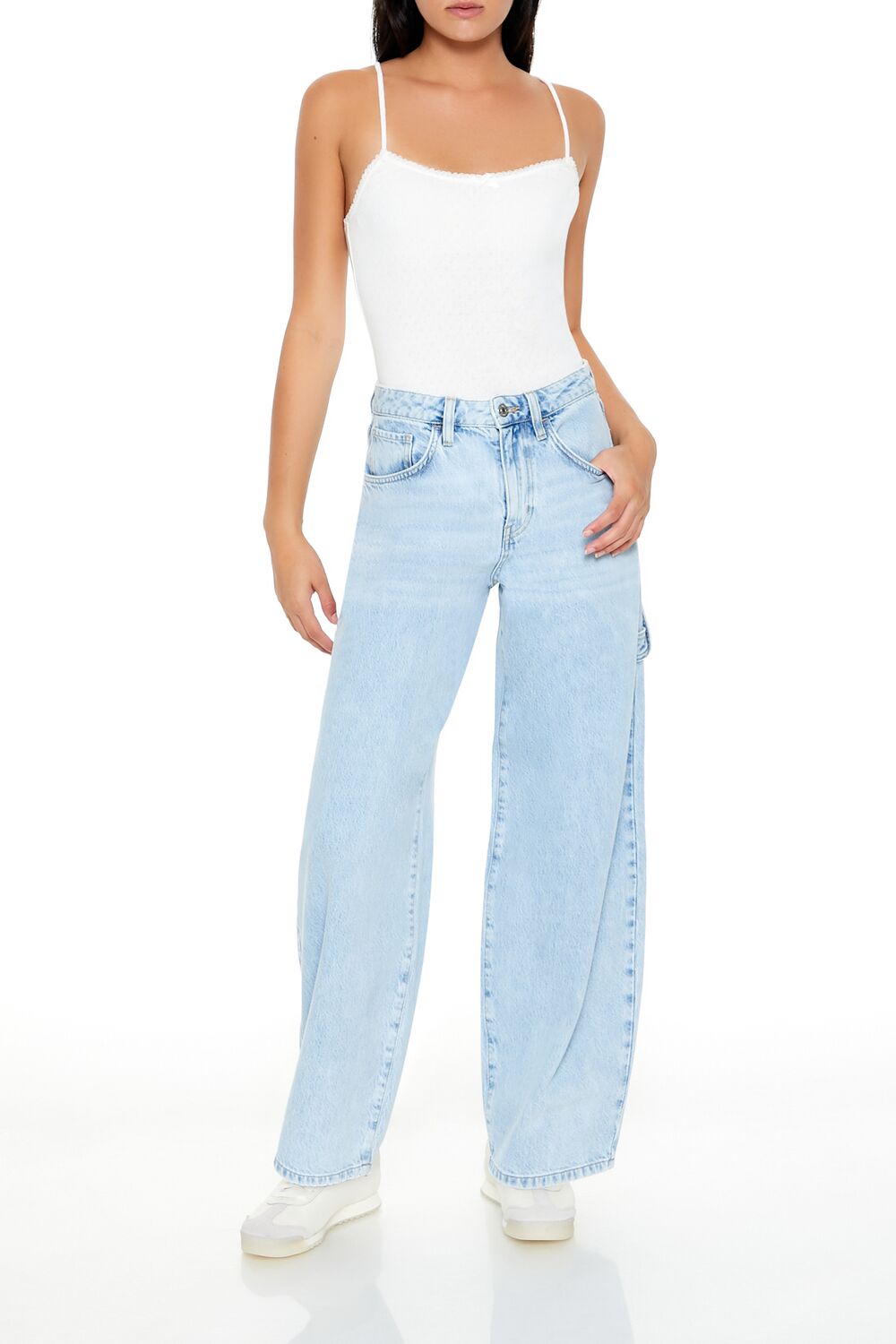  Forever 21 Pointelle Bow Cami Bodysuit - white - Bonton