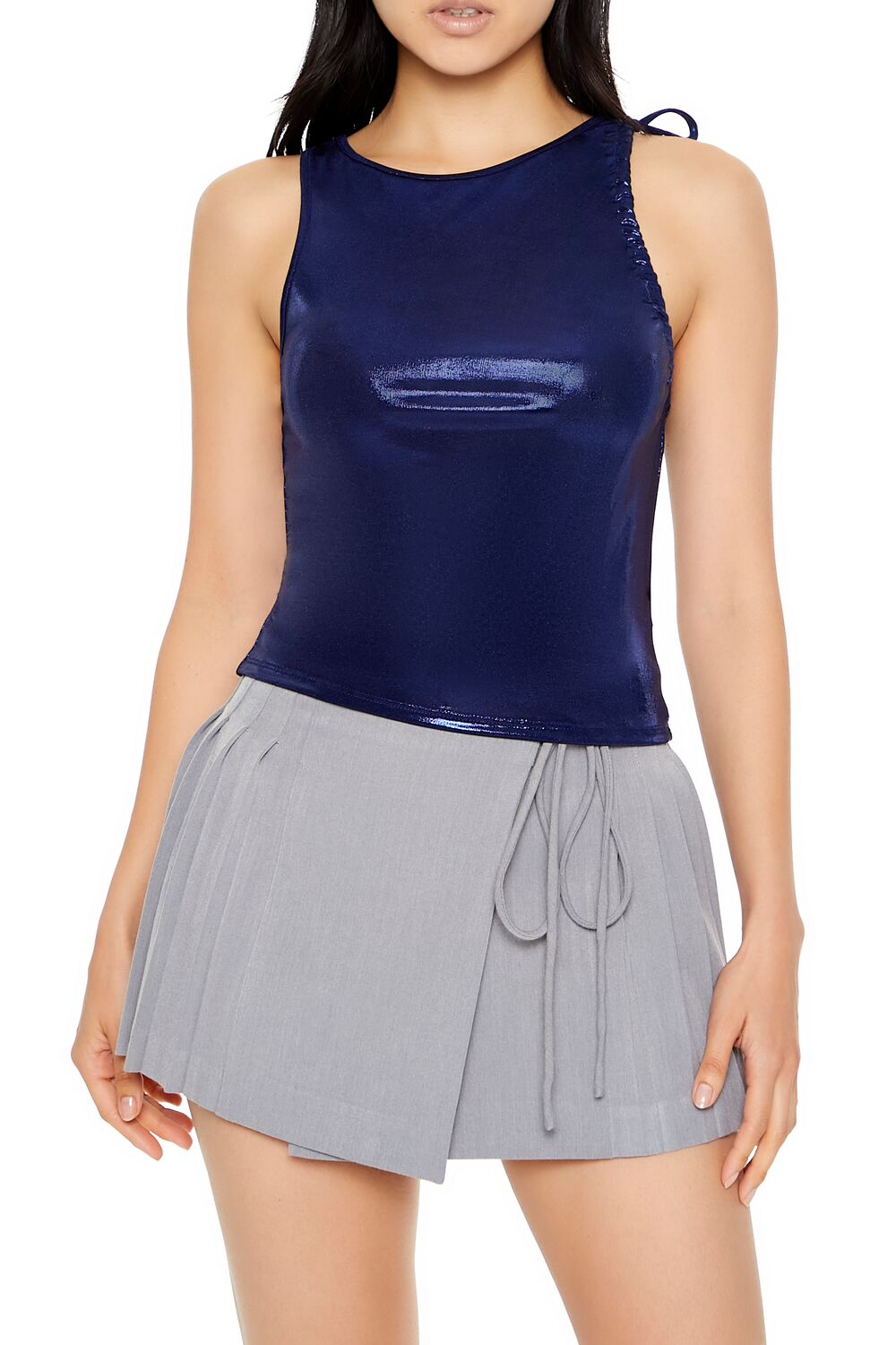  Forever 21 Metallic Ruched Tank Top - navy - Bonton