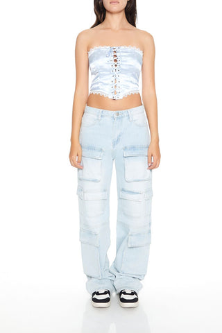 Satin Floral Lace-Up Tube Top