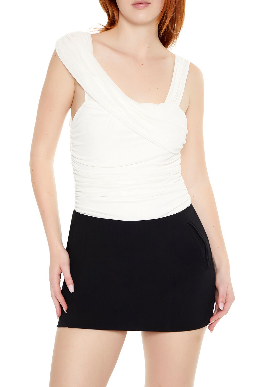  Forever 21 Asymmetrical Ruched Mesh Bodysuit - black - Bonton