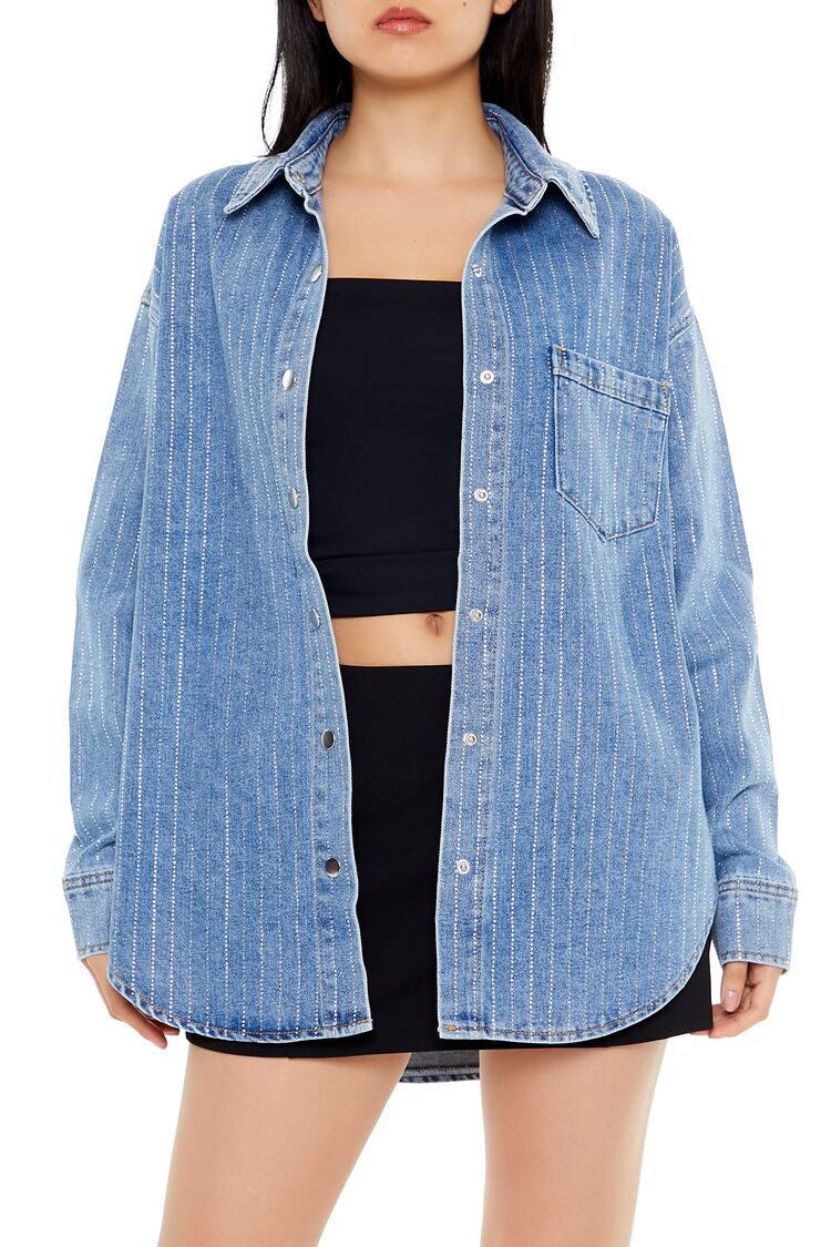  Forever 21 Sequin Striped Denim Shacket - medium-denim - Bonton