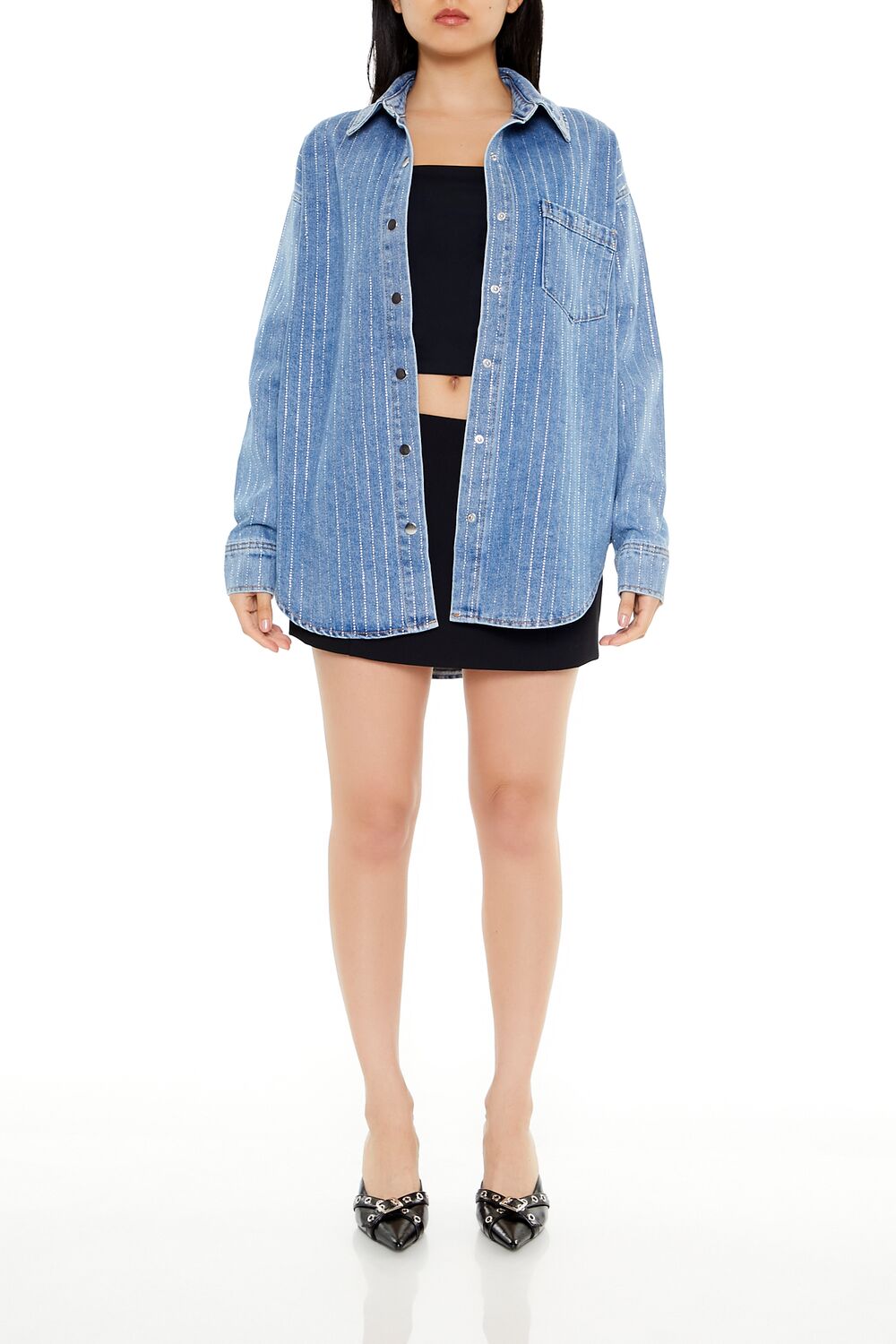  Forever 21 Sequin Striped Denim Shacket - medium-denim - Bonton