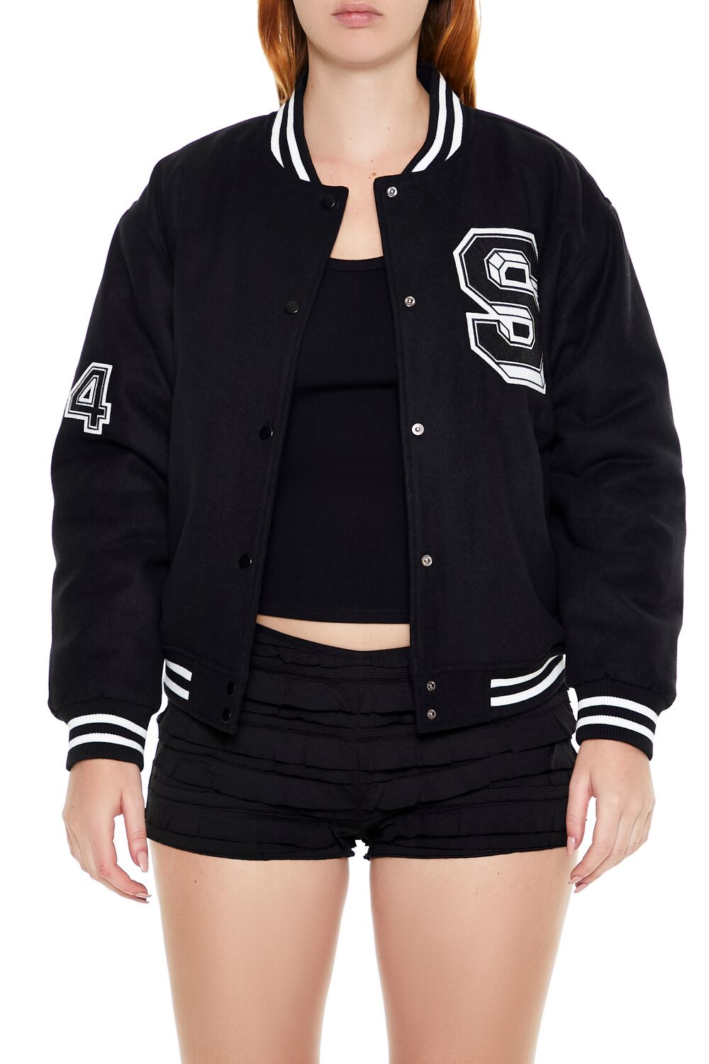  Forever 21 Varsity Letterman Bomber Jacket - black-swatch - Bonton