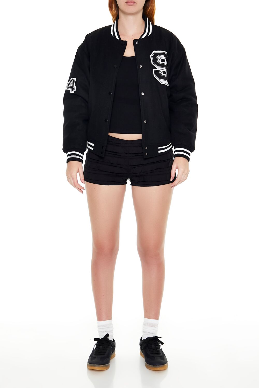  Forever 21 Varsity Letterman Bomber Jacket - black-swatch - Bonton